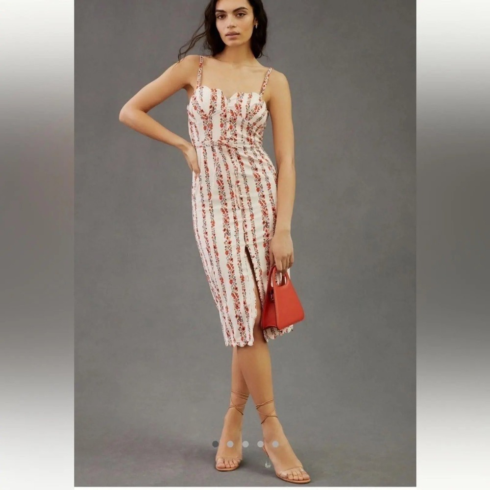 Anthropologie Sweetheart Midi Dress Womens Size 8 Cottagecore Floral Scallop